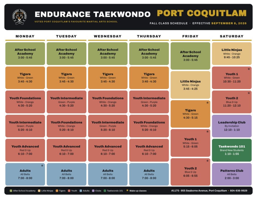 endurance-taekwondo-port-coquitlam-fall-schedule-2026