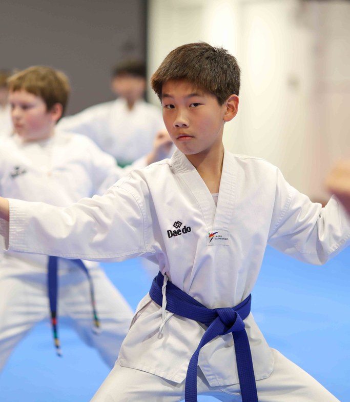 Blue belt boys training together in a ready stance