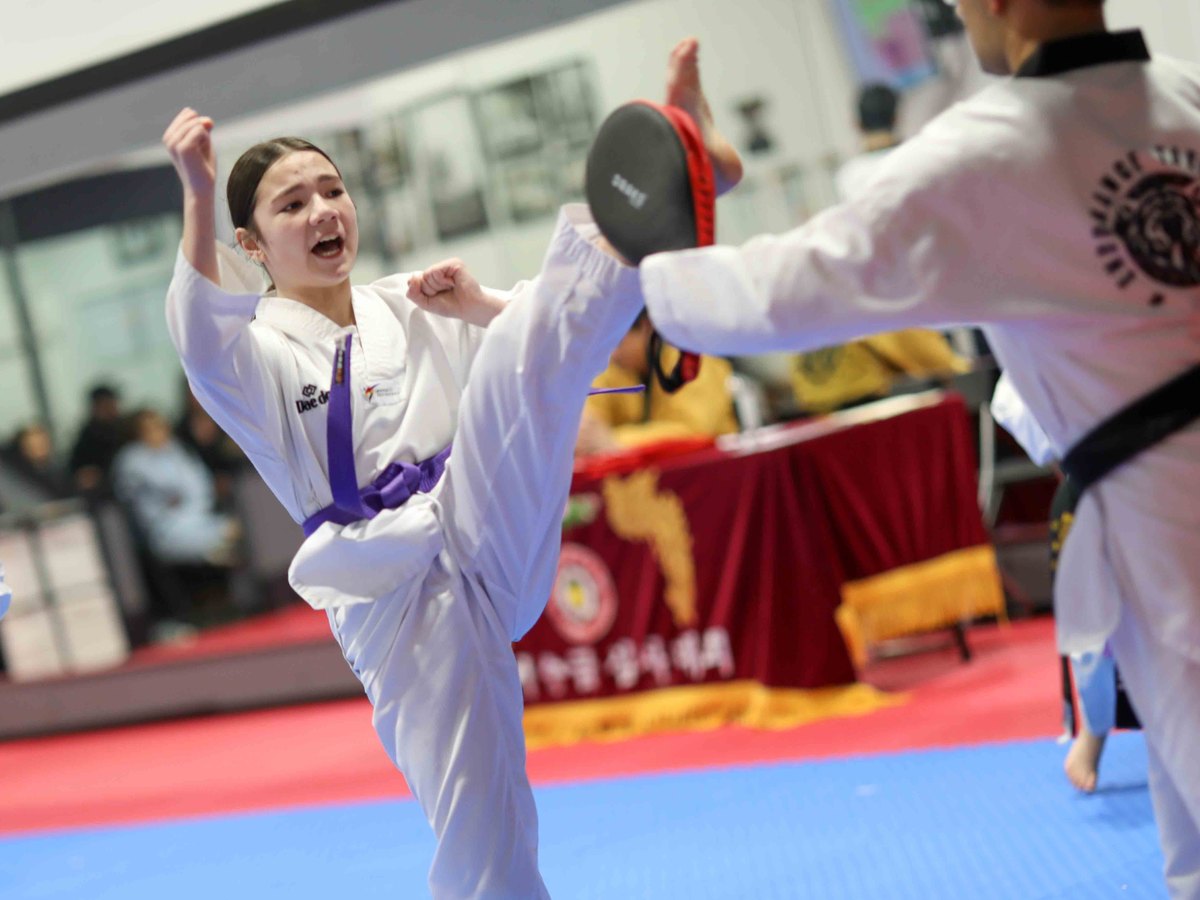 Purple belt student throwing a high front kick into a pad held by a black belt instructor